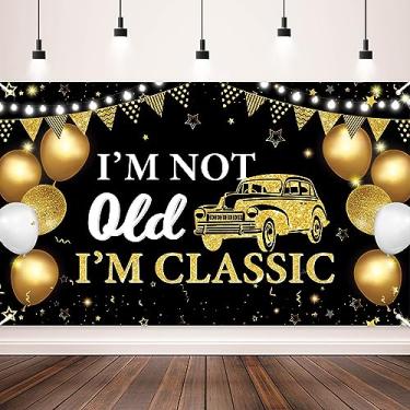 Imagem de Decorações de festa de aniversário antigas, I'm Not Old I'm Classic, preto dourado engraçado carro clássico faixa de fundo feliz aniversário para adultos aposentadoria 30º 40th 50th 60th 70th 80th 90th bday suprimentos de festa
