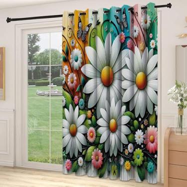Imagem de Divisória de parede para sala de primavera, arte botânica moderna de margarida com folhas de vegetação borboleta na parte traseira colorida, cortinas largas isoladas/cortinas de quarto (painel único),