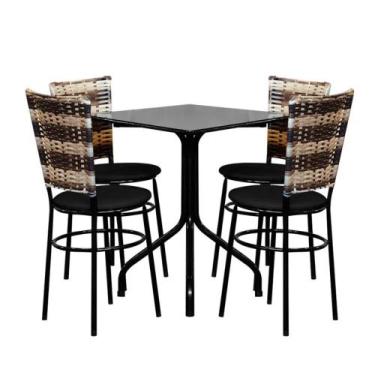 Imagem de Conjunto Mesa Quadrada 70cm Preta 4 Cadeiras Junco Cappuccino Premium 