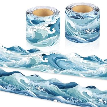 Imagem de Decorações de borda de quadro de avisos Ocean Waves, bordas laminadas azuis de 1,8 m com borda cortada enrolada sob o mar para escola, sala de aula, escritório, porta, parede, quadro-negro, decoração
