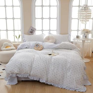 Imagem de HighBuy Conjunto de edredom Queen com flores azuis, romântico, renda, coquete fofo, botânico, listras, 1 edredom de renda com babados e 2 fronhas, leve para todas as estações