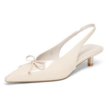 Imagem de Coutgo Sapato social feminino Slingback Kitten de salto baixo fechado bico fino gravata borboleta sem cadarço para trabalho de escritório, Bege, 36