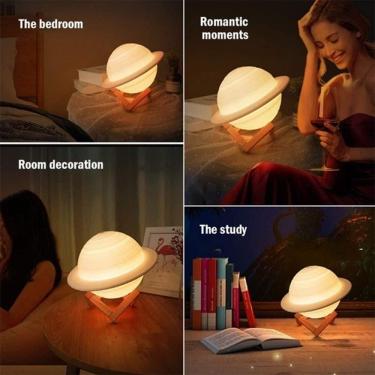 Imagem de Luminaria Lua Cheia, Luz Noturna De Saturno + Suporte De Madeira, 3d Touch Abajur