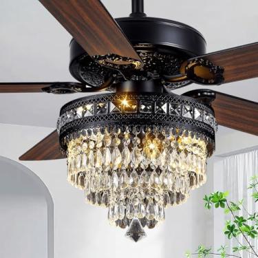 Imagem de Chansim Ventilador De Teto Cristal Com Luzes E Controle Remoto, Lustre Fazenda Motor Ca Silencioso, 3 Velocidades, Lâminas Madeira, Ventiladores Pretos 52" Fandelier Para Sala Estar, Jantar Quarto