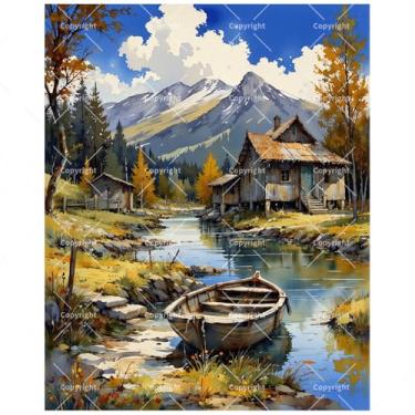 Imagem de Kit de pintura de paisagem rústica por números para adultos - DIY cabana de montanha e rio com pintura de barco a remo em tela 40,6 x 50,8 cm, conjunto de tinta acrílica para iniciantes, arte para