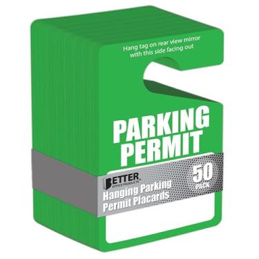 Imagem de Etiquetas para pendurar com permissão de estacionamento verde, pacote com 50, cartazes de estacionamento em plástico poli, passes de estacionamento temporários, pacote em massa, cartazes de 7,6 cm x 12,7 cm para espelho retrovisor, espessura grossa (0,2"/0,5 mm), da Better Office Products