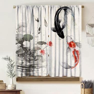 Imagem de Cortinas de peixe oriental, arte abstrata exótica asiática étnica chinesa pintura a tinta Koi Fish folha de lótus padrão floral tratamentos de janela, cortinas blackout com bolso para varão, para sala