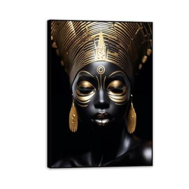 Imagem de Impressões de parede douradas e pretas em tela, pinturas de parede de mulher negra africana, pôster de meninas para sala de estar, decoração de casa, 42 x 30 cm (17 x 12 pol), moldura preta