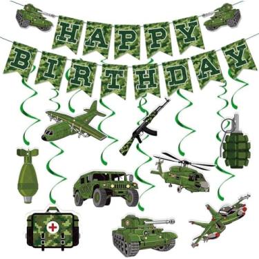 Imagem de Kailinst Decorações De Festa Aniversário Com Camuflagem Do Exército, Conjunto Placas Decoração Camufladas, Inclui Faixa Alegre E 9 Peças Espirais Militares Penduradas, Suprimentos Para Crianças Entu