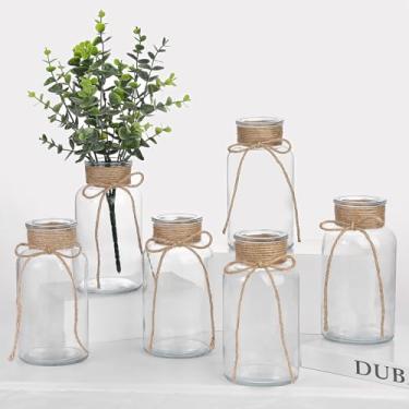 Imagem de Vasos de vidro transparente vintage para flores – Conjunto de 6 vasos cilíndricos decorativos com corda de cânhamo para centros de mesa de casamento, decorações de mesa de recepção, decoração de casa