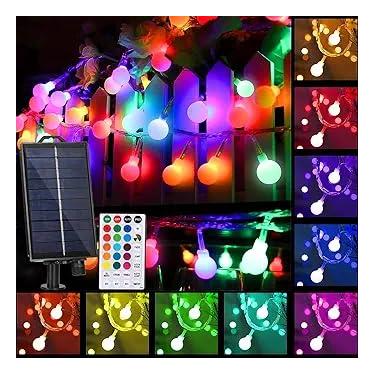 Imagem de XEWEA Cordão de luzes solares ao ar livre, 16 cores, 66 LED, 9 m, impermeável, para uso externo, com controle remoto de 20 modos