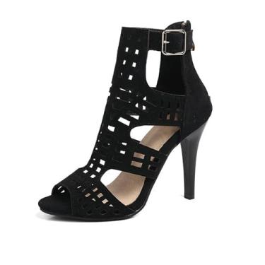 Imagem de SWDZM Botas femininas de dança de salto alto com bico aberto vazado no tornozelo, Salto de couro preto 10 cm - sola de borracha, 36