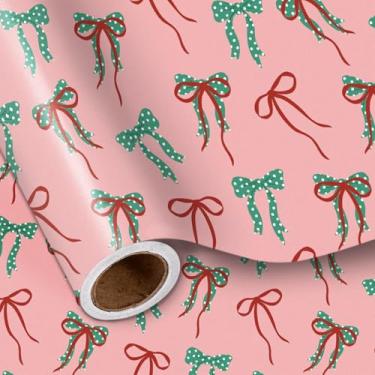 Imagem de LeZakaa Rolo de papel de embrulho de Natal, laço verde vermelho, fundo rosa, design festivo, para Natal, férias de inverno, meninas, mulheres, família, mini rolo 43 x 16,4 pés