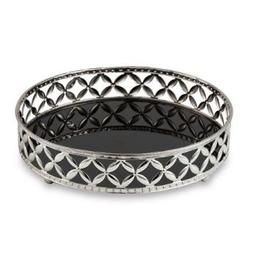 Imagem de Bandeja Decorativa Redonda Em Metal Prata Com Espelho Preto 5x24,5 cm 