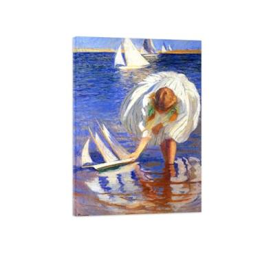 Imagem de LXURY Impressão de arte de parede em tela de moldura de madeira - Menina com veleiro - Reproduções de imagens em tela famosas - Pôster de pintura de arte para decoração de parede de escritório