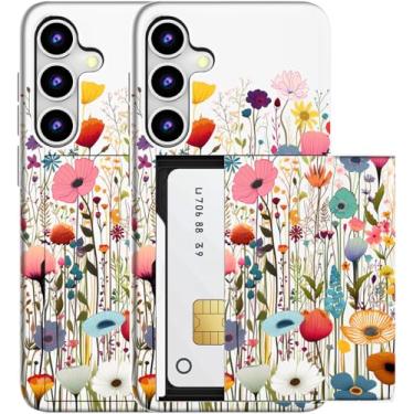 Imagem de MUQR Capa compatível com Samsung Galaxy S24 FE com suporte de cartão fofo - Design Kawaii, proteção contra quedas de nível militar, capa carteira robusta para mulheres (flores brancas do campo)
