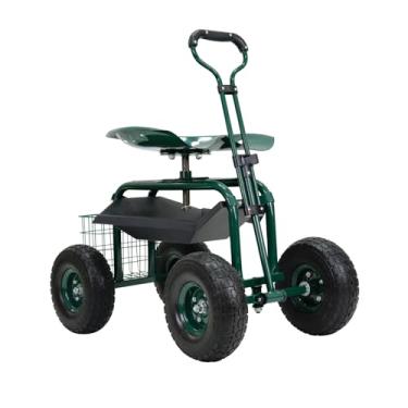 Imagem de PLKO Carrinho de jardim com rodas, carrinho de jardim com assento, banco de jardinagem resistente com cesta, alça de direção ajustável, assento giratório de 360 graus para quintal, pátio e exterior