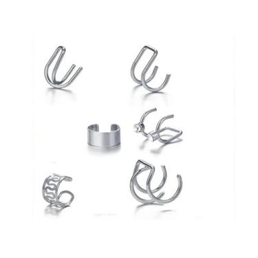 Imagem de Kit 6 Brincos Pressão Piercing Orelha Banhado a Prata