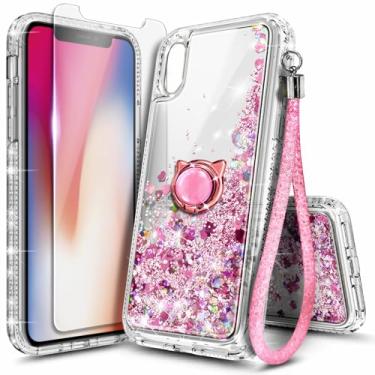 Imagem de Capa NGB projetada para iPhone X e iPhone Xs, ouro rosa | Capa fofa com glitter líquido brilhante para mulheres, meninas e crianças | com protetor de tela de vidro temperado, suporte de anel e cordão
