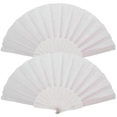 Imagem de SiissaPeksid Pacote com 2 leques de mão femininos com glitter com nervuras transparentes brilhantes – Ideal para casamento, igreja, festival, dança, festa de formatura, clube e acessórios EDM, branco