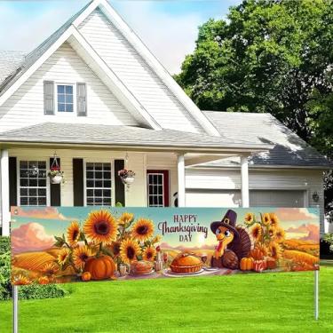 Imagem de BlissYard Feliz Dia de Ação de Graças Decorações Banner Tecido Poliéster Perus Girassóis Torta Design para Interior Exterior Jardim Cerca Banner Artigos de Festa 118x20 Polegadas Placa de varanda ao