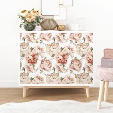 Imagem de Mangoloo Papel de parede floral peônia rosa branco boho papel de parede autoadesivo removível papel de contato floral retrô para armários meninas quarto prateleira forro de parede 17,5 x 102 polegadas