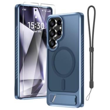 Imagem de Capa para Samsung Galaxy S25 Ultra com protetor de tela + alça de pulso, capa magnética translúcida fosca robusta fina embutida com suporte invisível [apto para MagSafe], azul marinho 2025