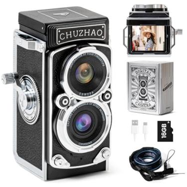 Imagem de CHUZHAO Mini câmera digital vintage, câmera retrô TLR portátil com vídeo 1080p, fotos de 12 MP, cartão de 16 GB, bateria de 1000 mAh e filtros duplos – Ótimo para viajantes, amantes de estilo retrô