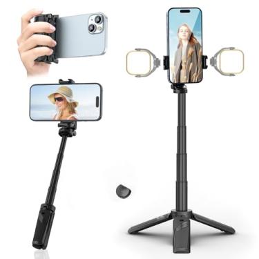Imagem de ULANZI JJ02 Mini tripé de telefone com Romote para iPhone – Suporte de tripé 3 em 1 para celular com bastão de selfie, tamanho de bolso dobrável extensível, 4 seções, 2 suportes para sapata fria
