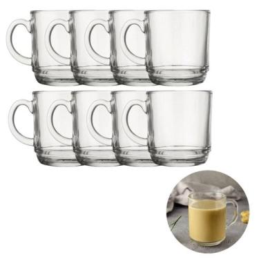 Imagem de Jogo 8 Canecas Bebidas Cafe Cha 250ML Vidro Transparente Grosso - PRAT