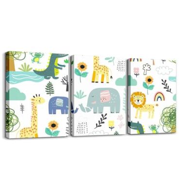 Imagem de Feelyou Decoração de parede infantil com desenho de animais zoológicos elefante leões arte de parede em tela para sala de estar kawaii girafa crocodilo 3 peças pintura de parede selva animal decoração