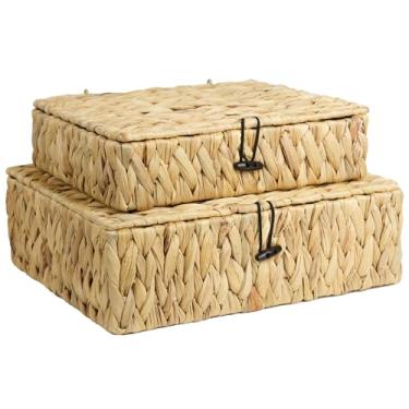 Imagem de Conjunto de 2 cestas de vime com tampa, caixas planas de armazenamento de jacinto de água, cesta de tecido retangular para armazenamento, cestas decorativas para organizar a decoração da casa