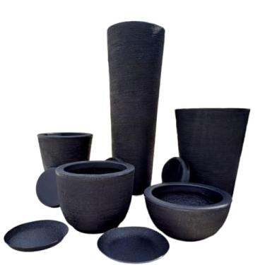 Imagem de Kit 5 Vasos Escovado Coluna Redonda N1 e N2 + Ibiza + Bojo N1 + Bacia Polietileno Para Plantas Decorativo Luxo Moderno(Preto)