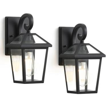 Imagem de GOALPLUS Luminária de parede externa preta de 35,5 cm, suporte de parede para varanda externa preta, com vidro transparente, alumínio, arandela de parede para casa, 2 unidades de luzes externas