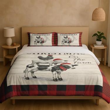 Imagem de Conjunto de capa de edredom de casa de fazenda de Natal, conjunto de cama de 3 peças com vaca, porco e frango, capa de edredom xadrez rústica com 2 fronhas, decoração de quarto de Natal na fazenda