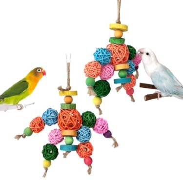 Imagem de CXYYXF Brinquedo de mastigação de pássaros, blocos de contas de madeira naturais coloridas, brinquedos de rasgar papagaio com bolas de vime de vime para periquitos Lovebird calopsitas (embalagem com 2