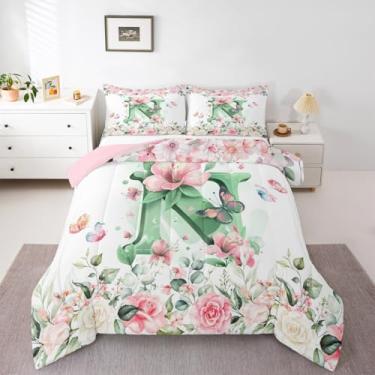 Imagem de Erosebridal Conjunto de cama solteiro verde com letra N em aquarela para meninas, crianças, meninos, edredom personalizado, monograma, flores, plantas de jardim, borboletas, enchimento de edredom
