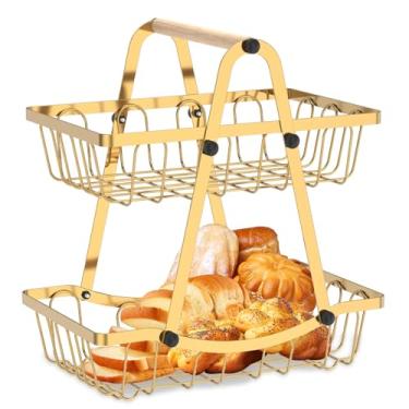 Imagem de ZFLYCANP Tigela de metal para frutas, cesta versátil para pão de legumes, suporte removível de frutas para bancada de cozinha para pão, lanches, vegetais (ouro)