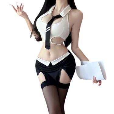 Imagem de QNCLO Saia feminina sexy que abraça o quadril, cosplay, uniforme de secretária, uniforme OL, sedução, boate, professora, roupa íntima, Preto, branco 2, Tamanho Único