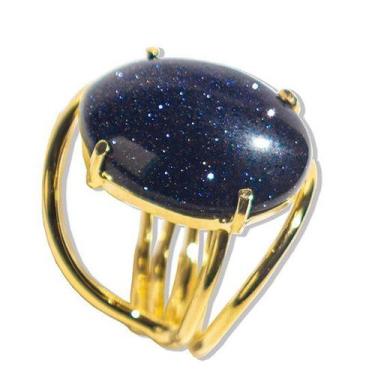 Imagem de Pacote Atacado 05 Anéis Pedra Estrela Azul Cabochão Oval Pequeno Doura