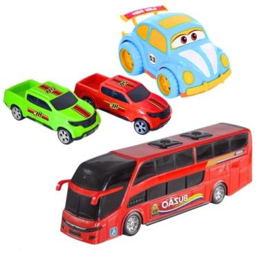 Imagem de Kit Brinquedo 1 Fusquinha Carrinho 2 Caminhonetes 1 Buzão Plástico Criança Menino Presente Infantil