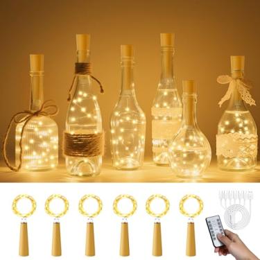 Imagem de PChero Luzes de garrafa de vinho recarregáveis por USB com cortiça e temporizador remoto, pacote com 6 20 luzes de cordão de fadas de LED de 2 metros para decoração de bar de festa de casamento, Natal