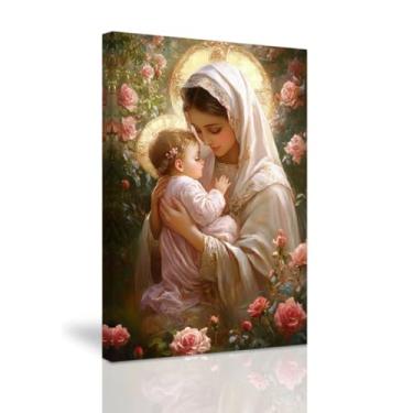 Imagem de QIXIANG Arte de parede de Virgem Maria Católica Santa Maria Pintura em tela Mãe de Jesus Religiosa Imagem de Parede Arte Cristã Decoração de Igreja Emoldurada (Rosa, 30,5 cm C x 45,7 cm L)