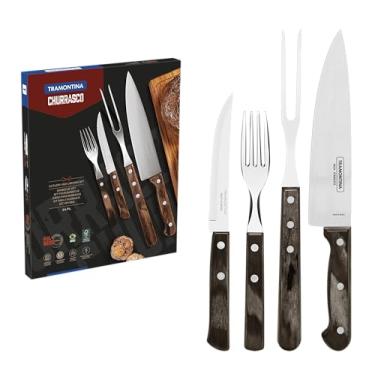 Imagem de Kit para Churrasco Tramontina com Lâminas em Aço Inox e Cabos de Madeira Tratada Polywood Castanho 14 Peças