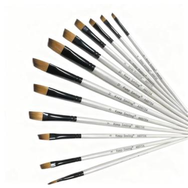 Imagem de 12 pincéis de tinta acrílica, conjunto de pincéis angulares e angulares com cabelo de nylon para pintura acrílica, aquarela, guache, óleo (pincéis artísticos de cabo curto)