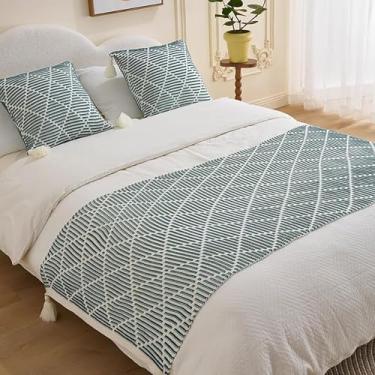 Imagem de Cachecol de corredor de cama de hotel, cobertor decorativo, listrado, texturizado, cor sólida, macio, roupa de cama moderna decorativa-verde||70 x 230 cm para cama de 1,8 m