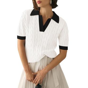 Imagem de Suéter feminino Micoson, manga curta, decote em V, tricô, primavera, G