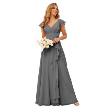 Imagem de Vestido de dama de honra TIRAS Ruffles Chiffon com decote em V cinza t