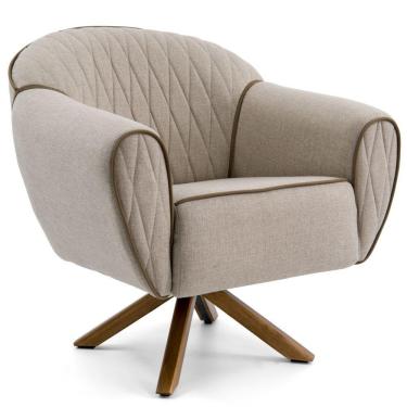 Imagem de Poltrona Decorativa Base Giratória de Madeira Nina D02 Tressê Bege Rústico D-470 - Lyam Decor