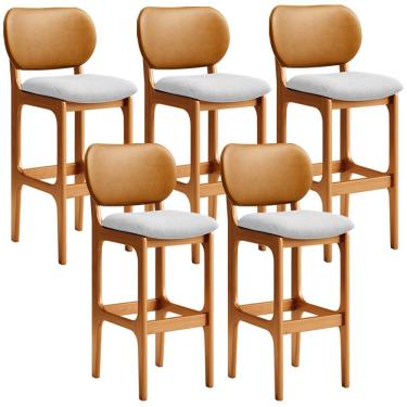 Imagem de Kit 5 Banquetas Alta Bar Cozinha Jantar Betta L02 Imbuia Couríssimo Whisky Linho Cinza - Lyam Decor